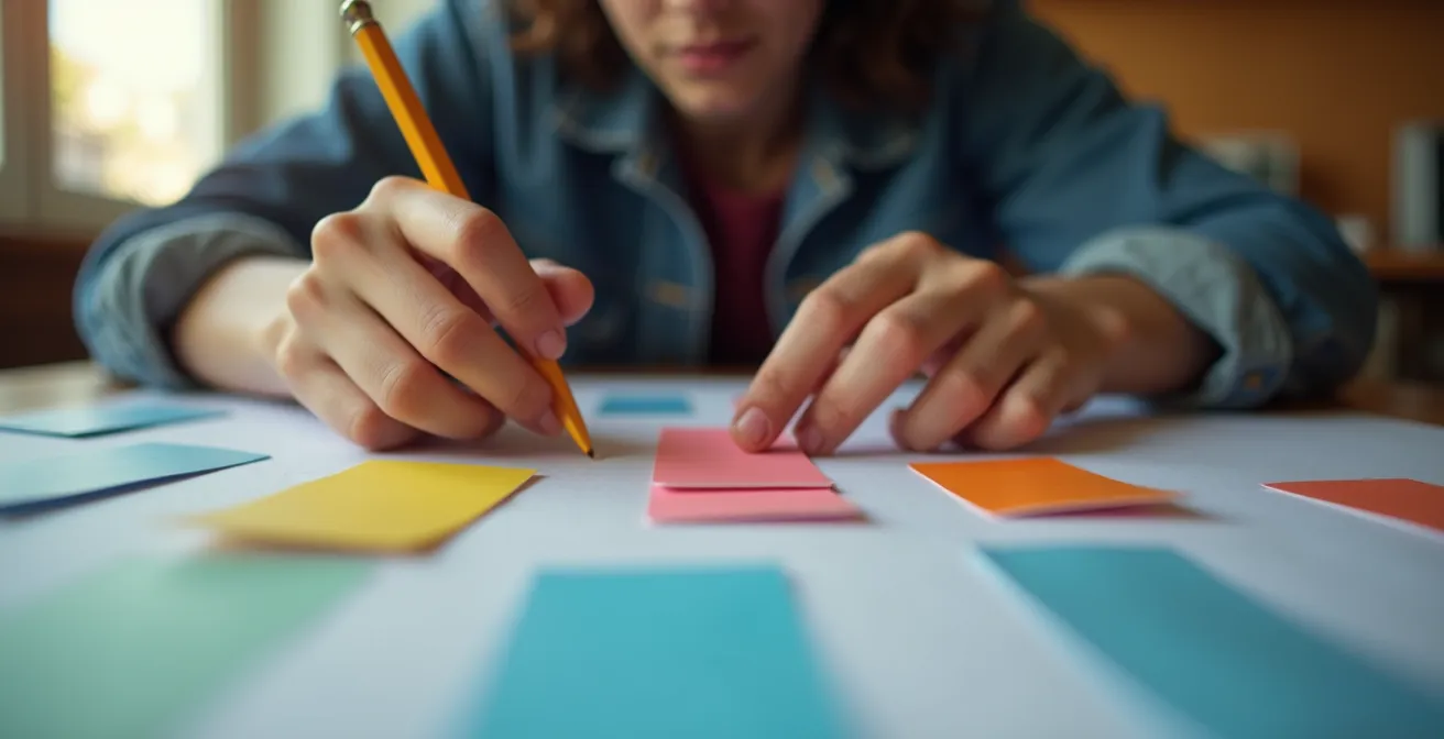 Étudiant concentré analysant des documents avec méthode stratégique