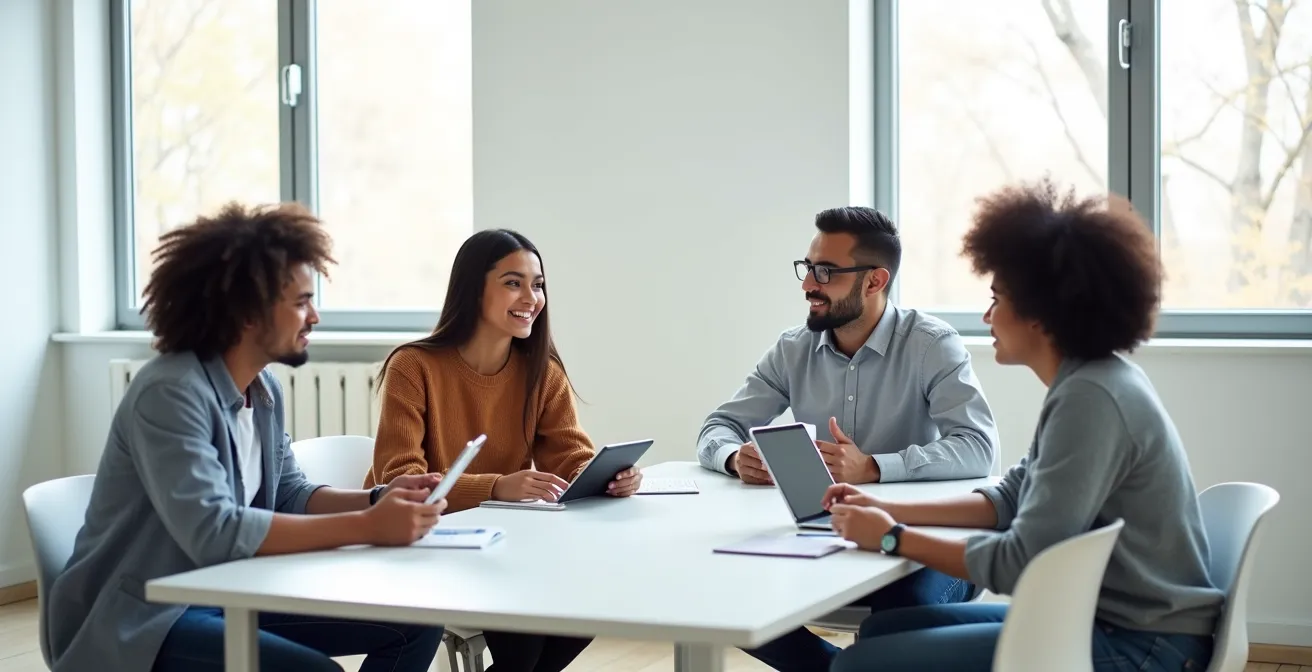 Groupe diversifié d'étudiants en discussion collaborative autour d'une table